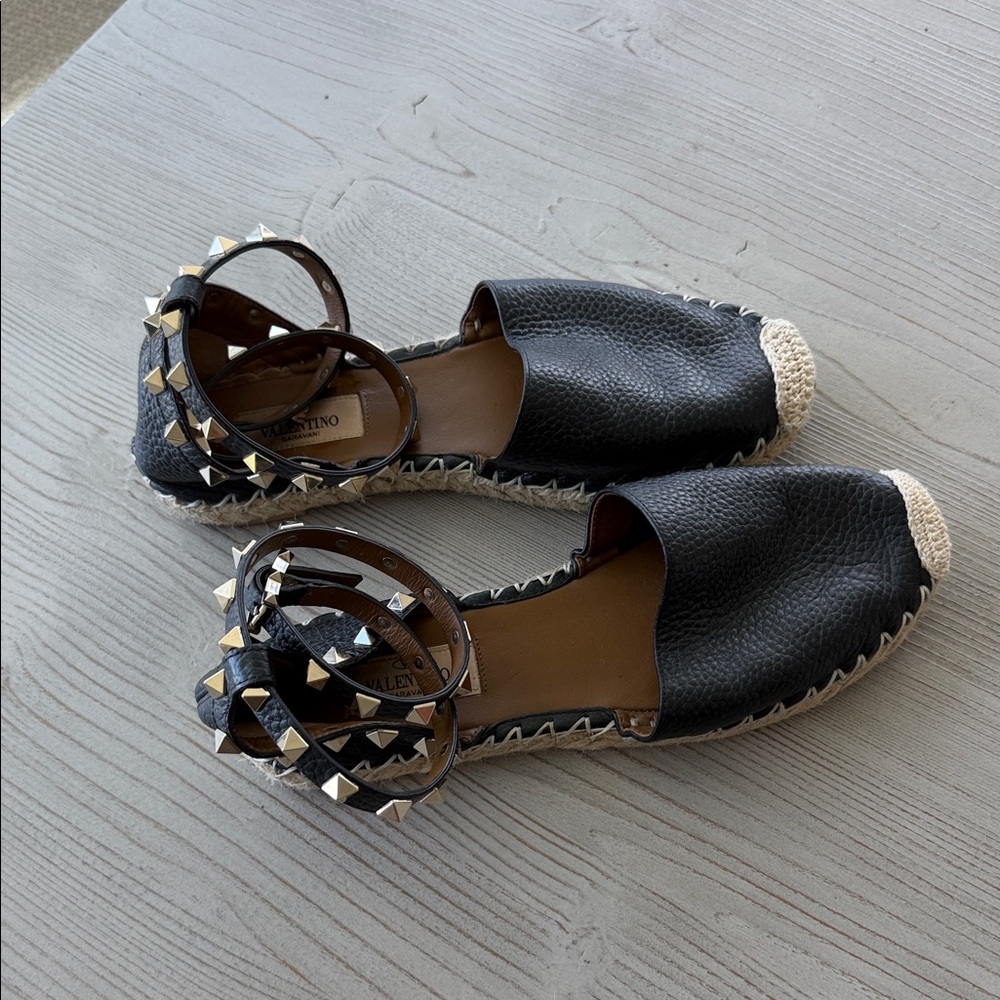 Valentino Black Leather Espadrille Flats with Studded Ankle Straps